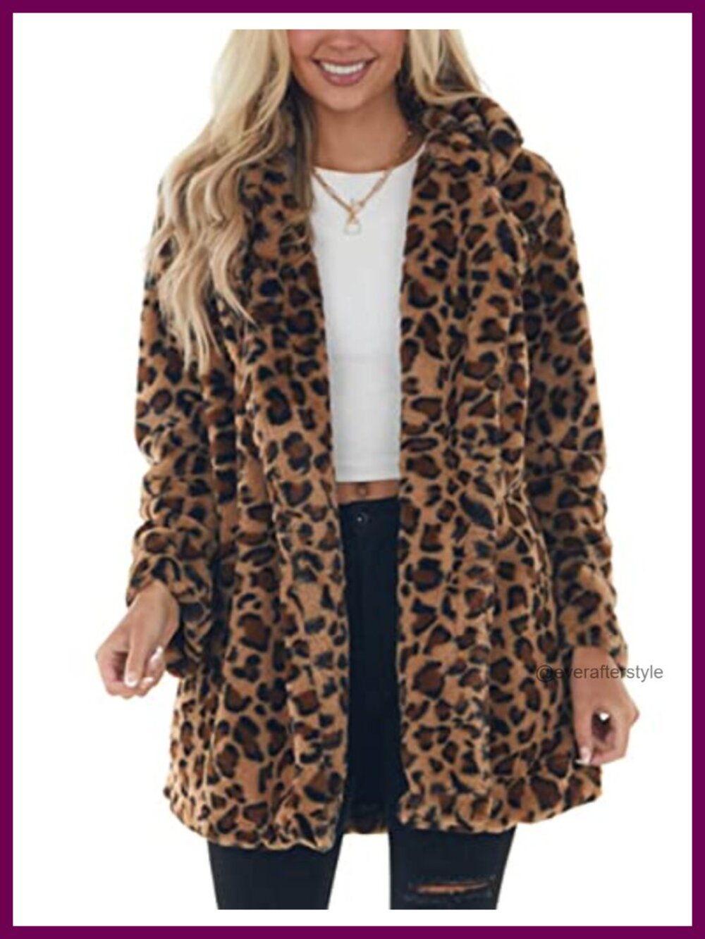 Faux Fur Leopard Print Open Front Coat with Pockets Loose Fit